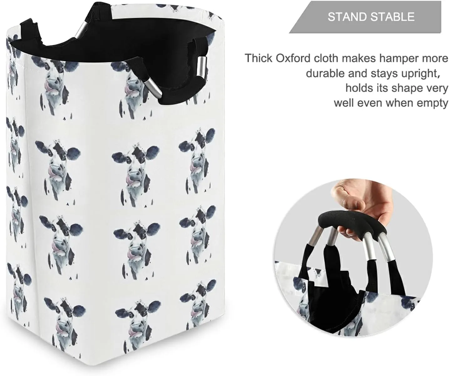 Watercolor Cow Head Portrait Black and White Farm Animal Laundry Hamper Basket Bucket, Foldable Dirty Clothes Bag, Waterproof Fabric Washing Bin, Toy Storage with Handles for Bathroom