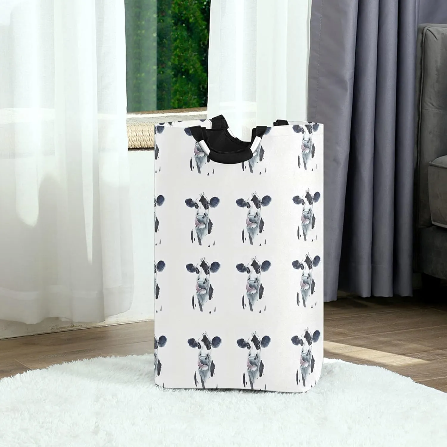 Watercolor Cow Head Portrait Black and White Farm Animal Laundry Hamper Basket Bucket, Foldable Dirty Clothes Bag, Waterproof Fabric Washing Bin, Toy Storage with Handles for Bathroom