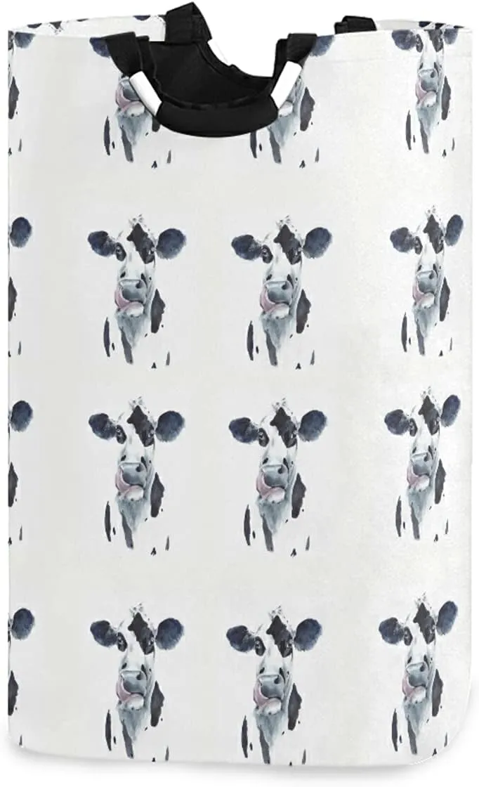 Watercolor Cow Head Portrait Black and White Farm Animal Laundry Hamper Basket Bucket, Foldable Dirty Clothes Bag, Waterproof Fabric Washing Bin, Toy Storage with Handles for Bathroom
