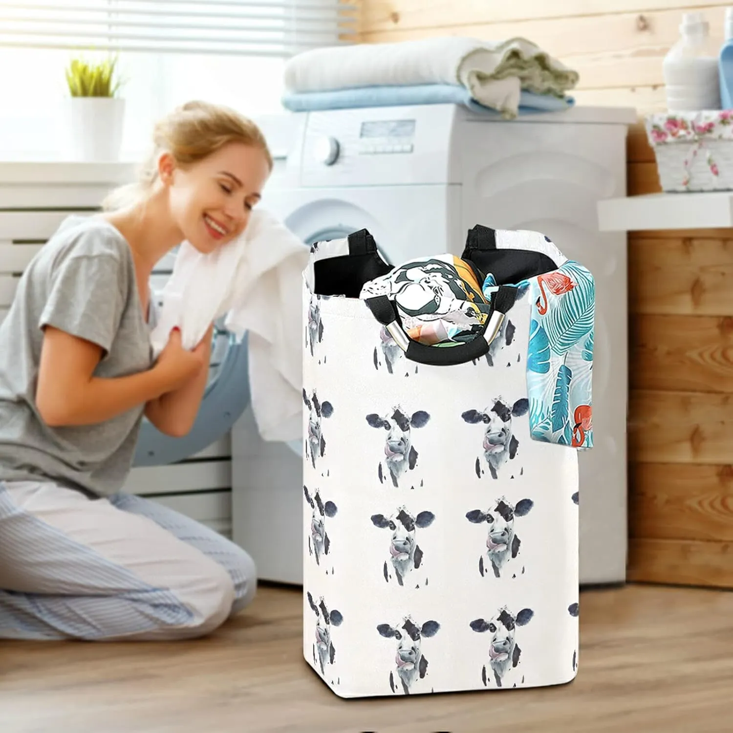 Watercolor Cow Head Portrait Black and White Farm Animal Laundry Hamper Basket Bucket, Foldable Dirty Clothes Bag, Waterproof Fabric Washing Bin, Toy Storage with Handles for Bathroom