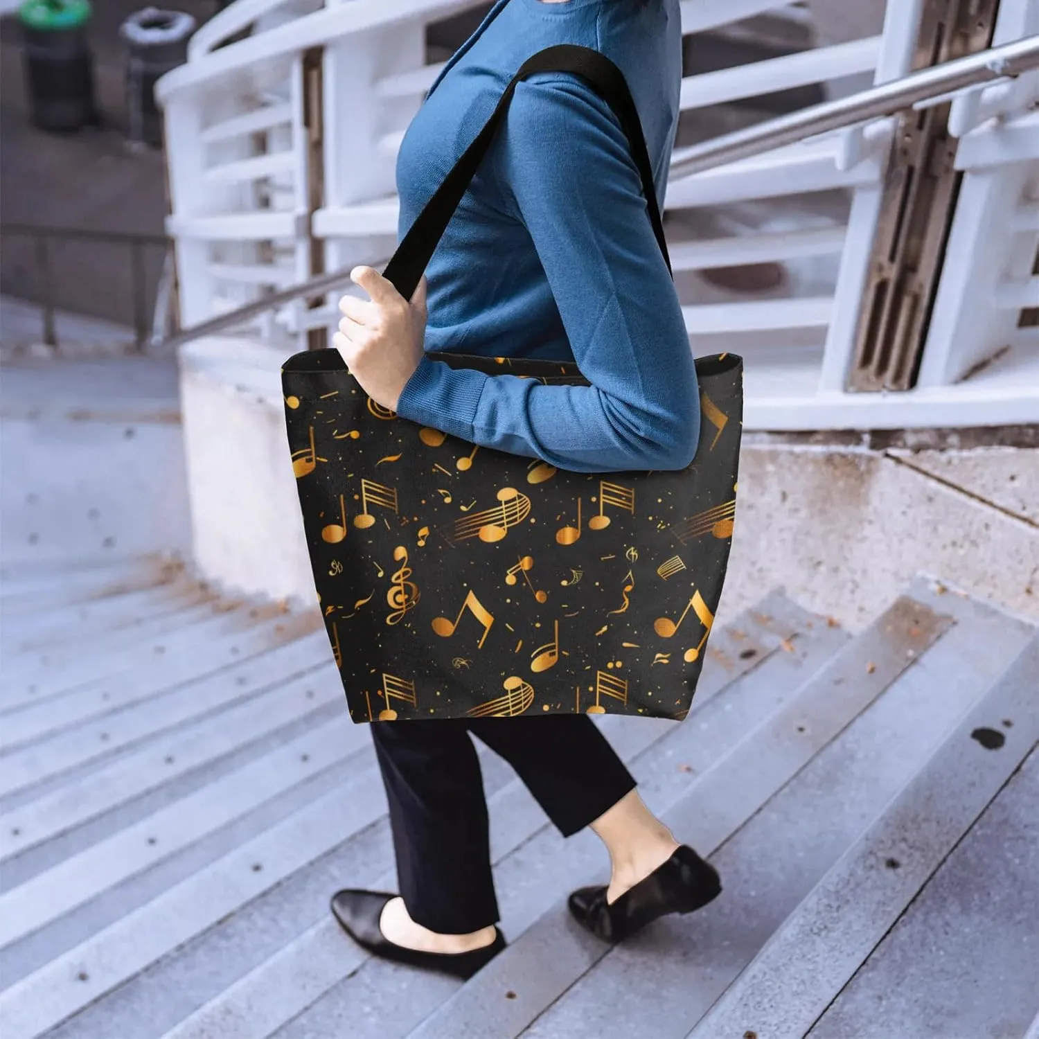 Watercolor Music Drum Feather Large Opening Canvas Tote Bag with Interior Pocket Woman Gifts