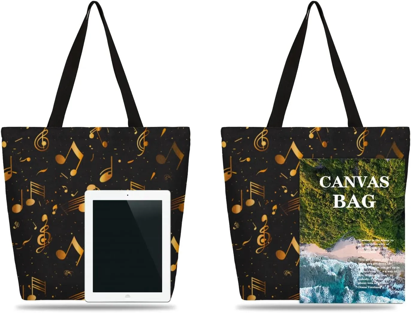 Watercolor Music Drum Feather Large Opening Canvas Tote Bag with Interior Pocket Woman Gifts