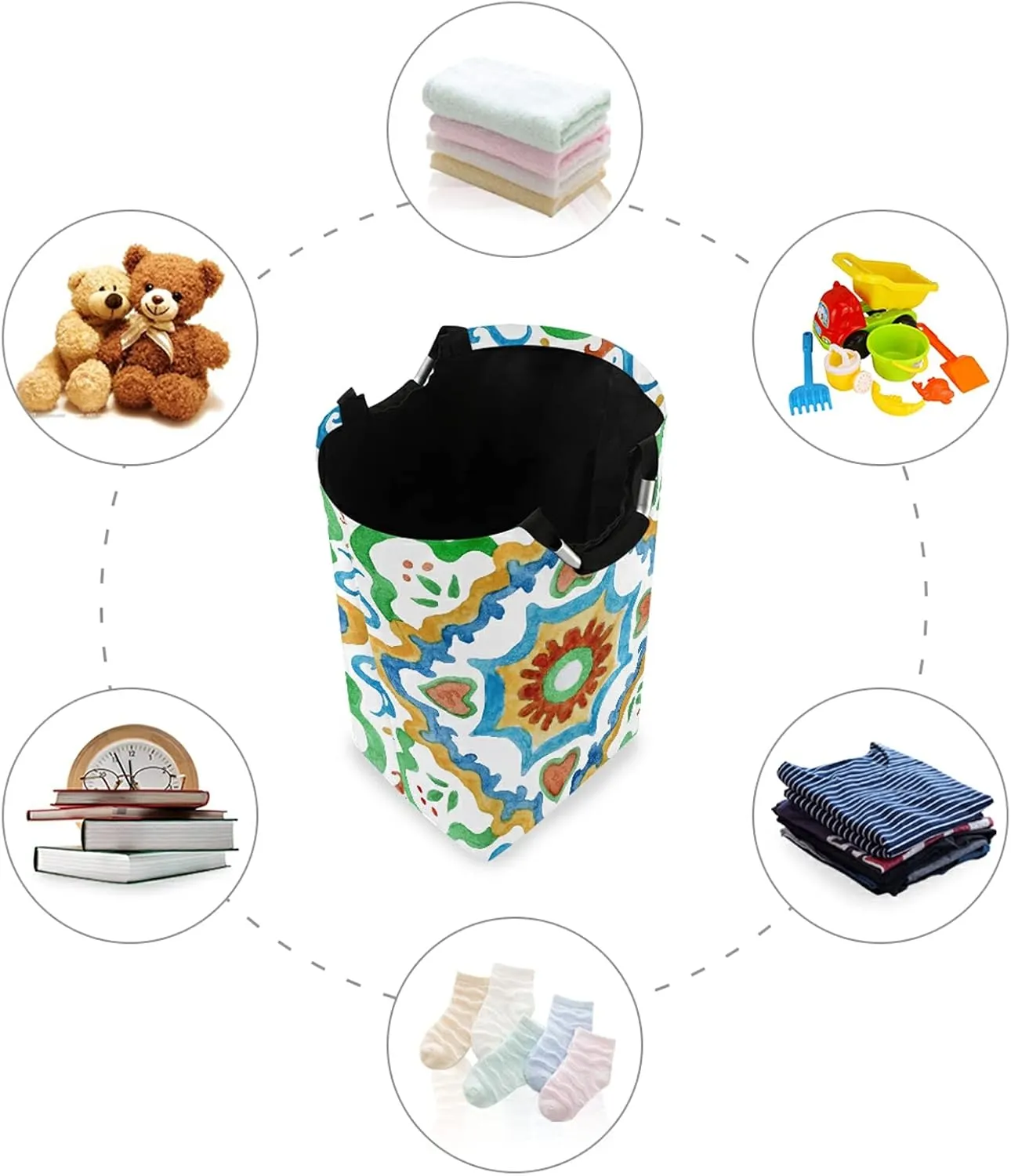 Watercolor Painted Mosaic Ceramic Tiles Lemon Fruits and Leaves Laundry Hamper Basket Bucket, Foldable Dirty Clothes Bag, Waterproof Fabric Washing Bin, Toy Storage with Handles for Bathroom