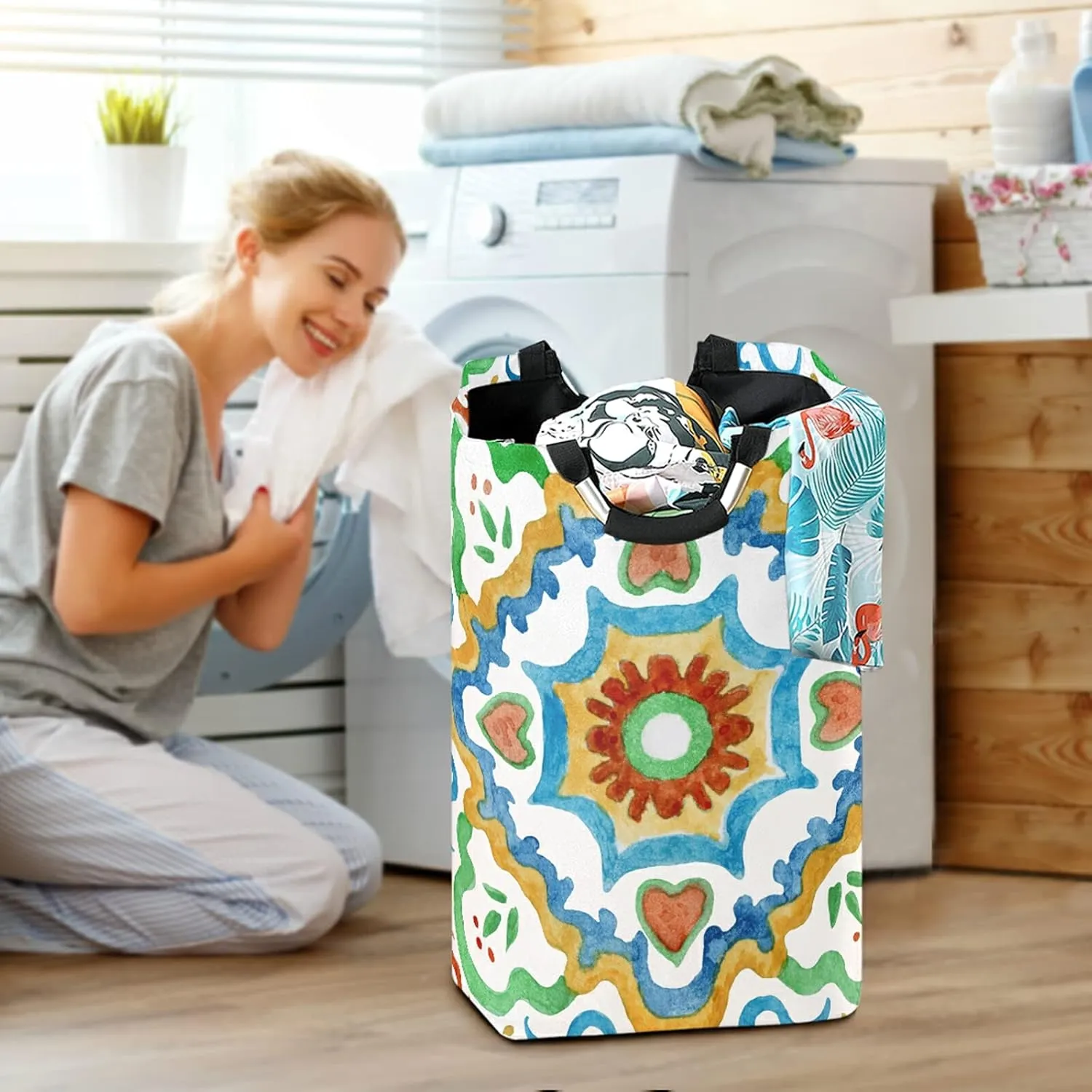 Watercolor Painted Mosaic Ceramic Tiles Lemon Fruits and Leaves Laundry Hamper Basket Bucket, Foldable Dirty Clothes Bag, Waterproof Fabric Washing Bin, Toy Storage with Handles for Bathroom