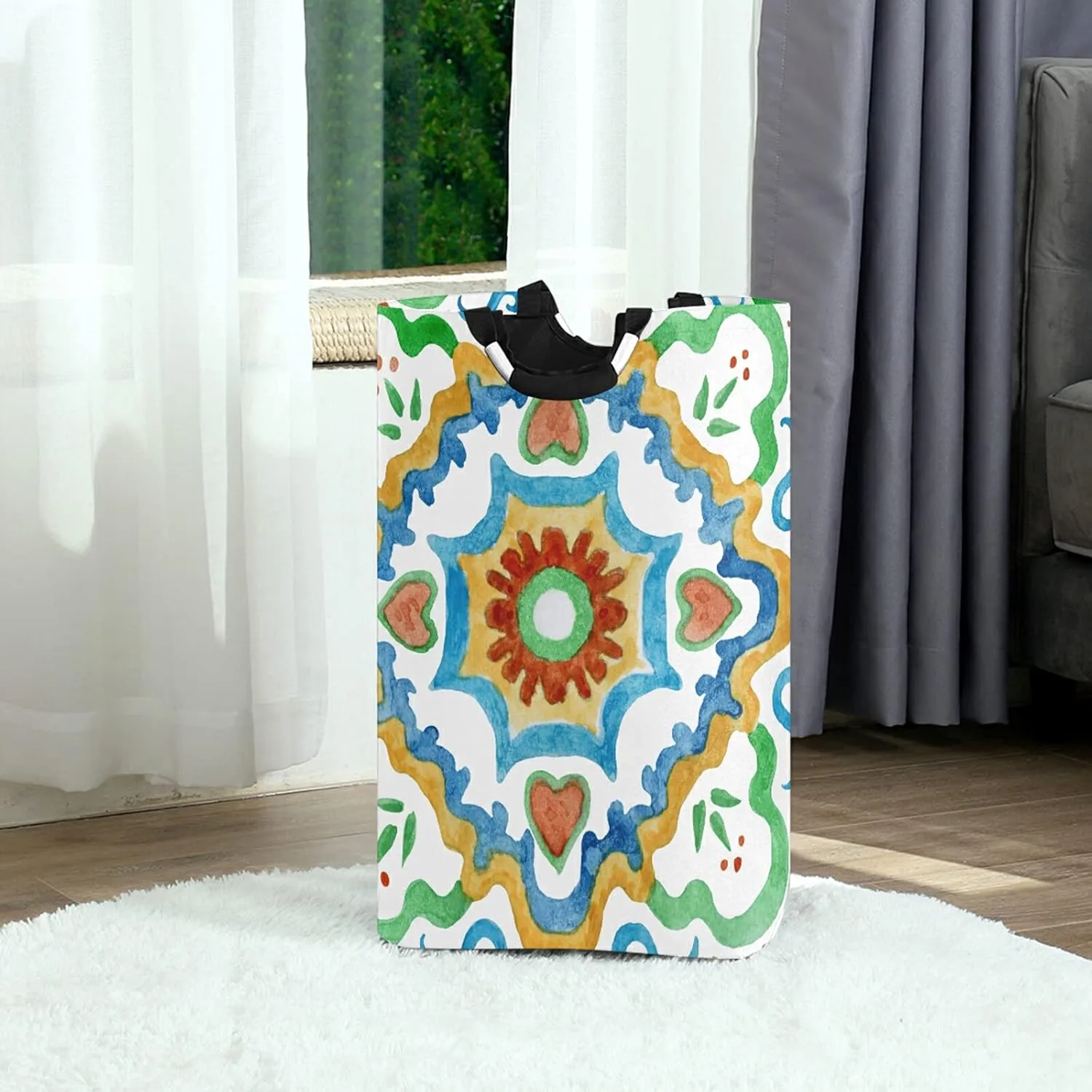 Watercolor Painted Mosaic Ceramic Tiles Lemon Fruits and Leaves Laundry Hamper Basket Bucket, Foldable Dirty Clothes Bag, Waterproof Fabric Washing Bin, Toy Storage with Handles for Bathroom