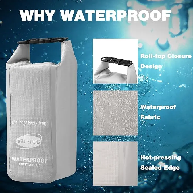 Waterproof First Aid Kit Roll Top Boat Emergency Kit with Waterproof Contents for Fishing Kayaking Boating Swimming Camping Rafting Beach Light Grey
