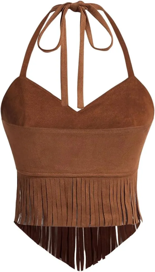 WDIRARA Women's Asymmetrical Fringe Hem Tie Backless Halter Vest Slim Fit Suede Vintage Crop Tank Tops