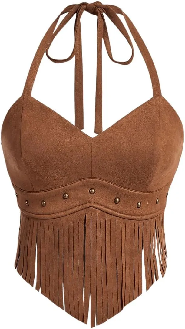 WDIRARA Women's Asymmetrical Fringe Hem Tie Backless Halter Vest Slim Fit Suede Vintage Crop Tank Tops