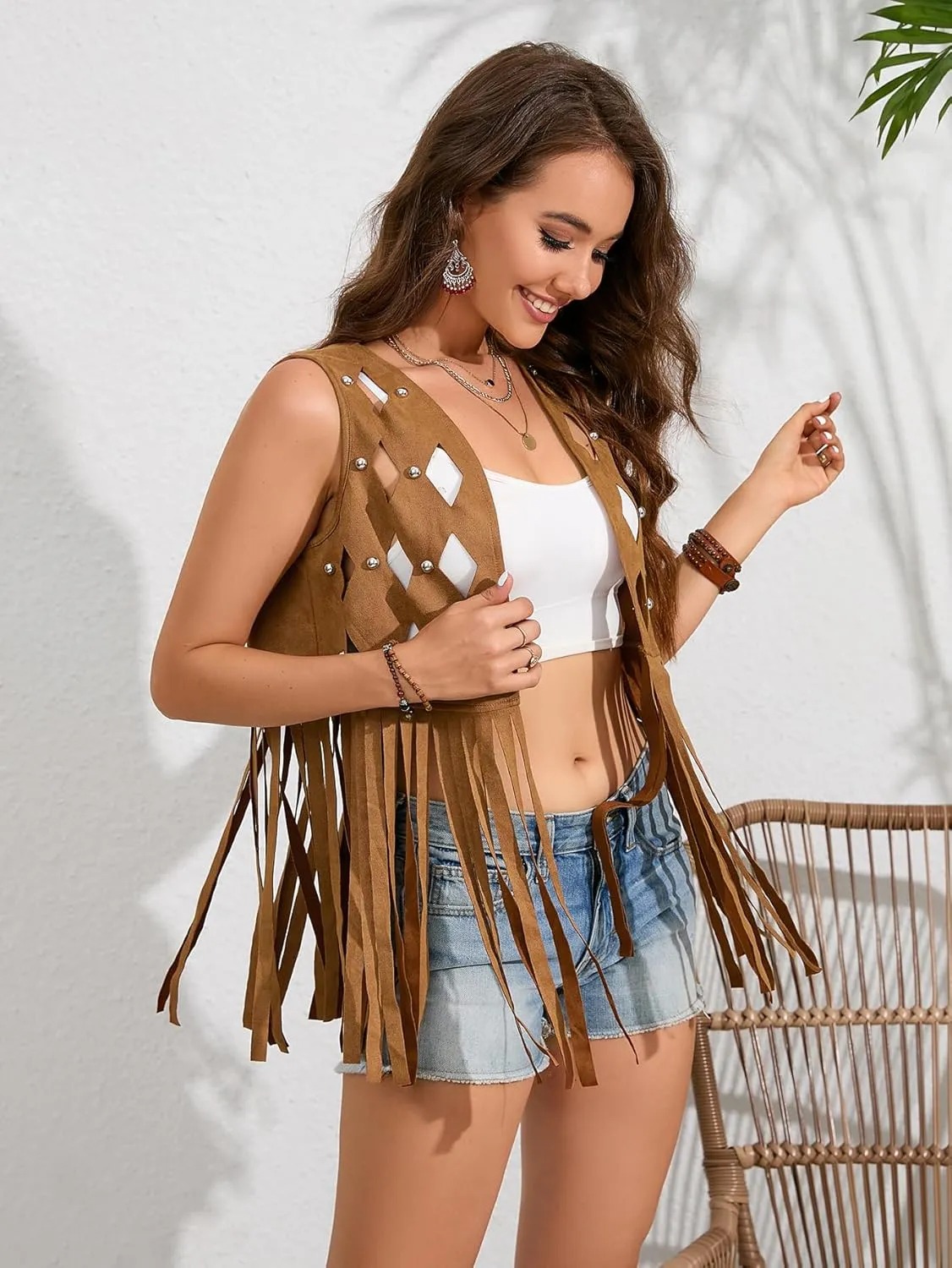WDIRARA Women's Plus Size Cut Out Tassel Hem Vest Faux Suede Sleeveless Jacket Cardigan