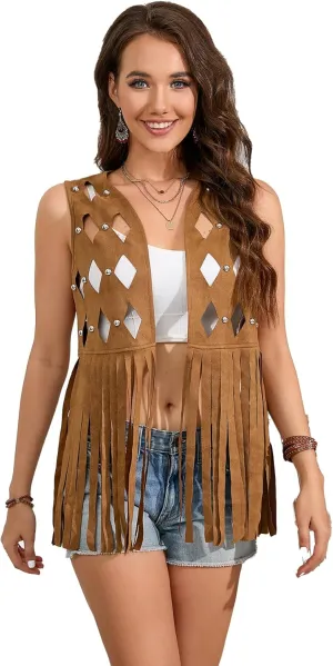 WDIRARA Women's Plus Size Cut Out Tassel Hem Vest Faux Suede Sleeveless Jacket Cardigan