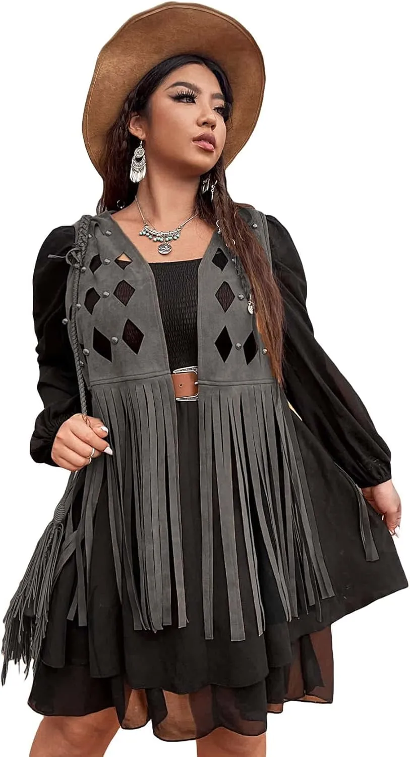 WDIRARA Women's Plus Size Cut Out Tassel Hem Vest Faux Suede Sleeveless Jacket Cardigan