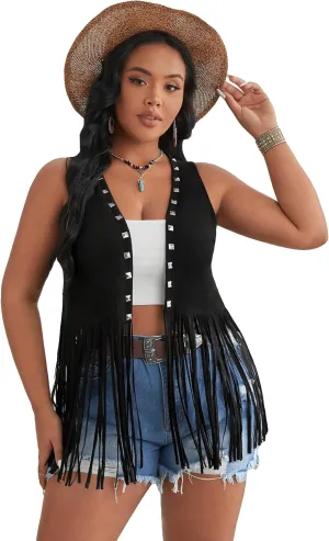 WDIRARA Women's Plus Size Fringe Trim Studded Detail Open Front V Neck Suede Boho Vest Jacket