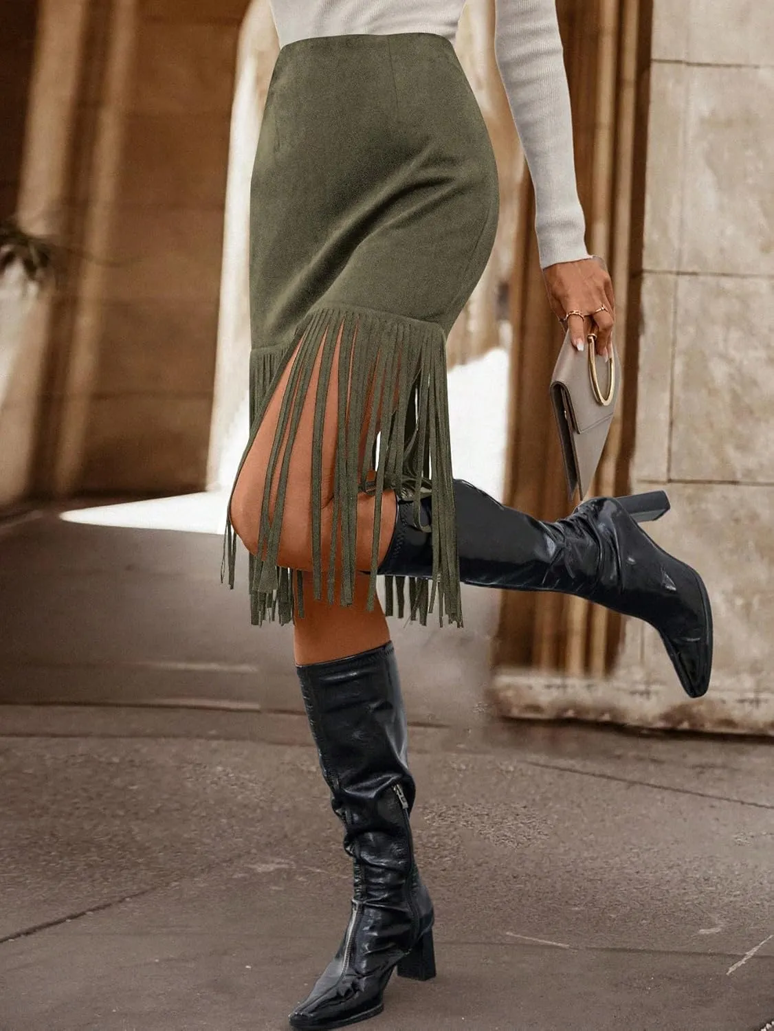 WDIRARA Women's Tassel Fringe Trim Faux Suede Straight Hem High Waisted Midi Skirt