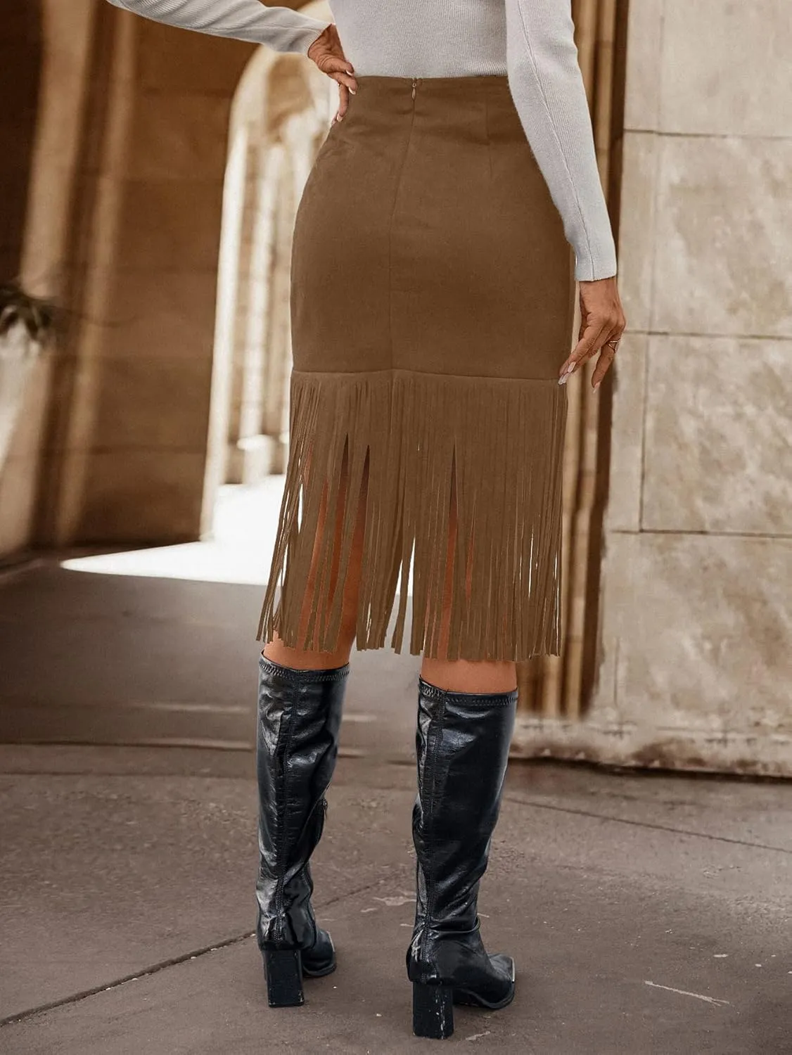 WDIRARA Women's Tassel Fringe Trim Faux Suede Straight Hem High Waisted Midi Skirt