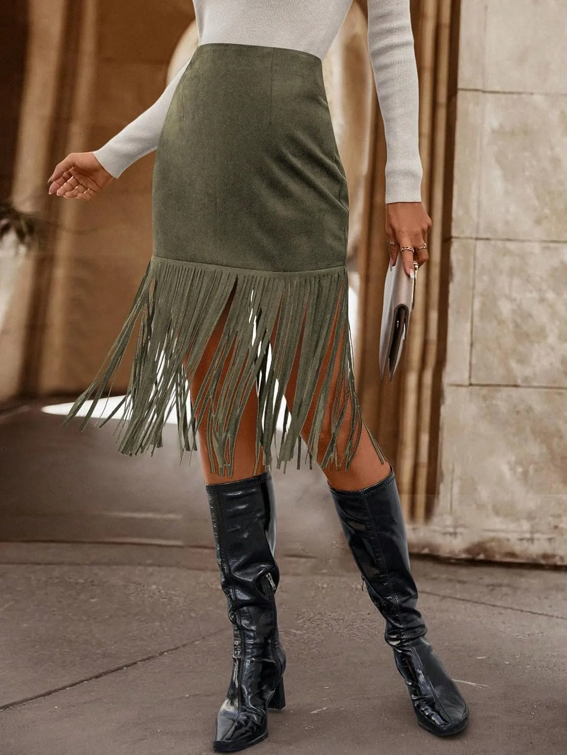 WDIRARA Women's Tassel Fringe Trim Faux Suede Straight Hem High Waisted Midi Skirt