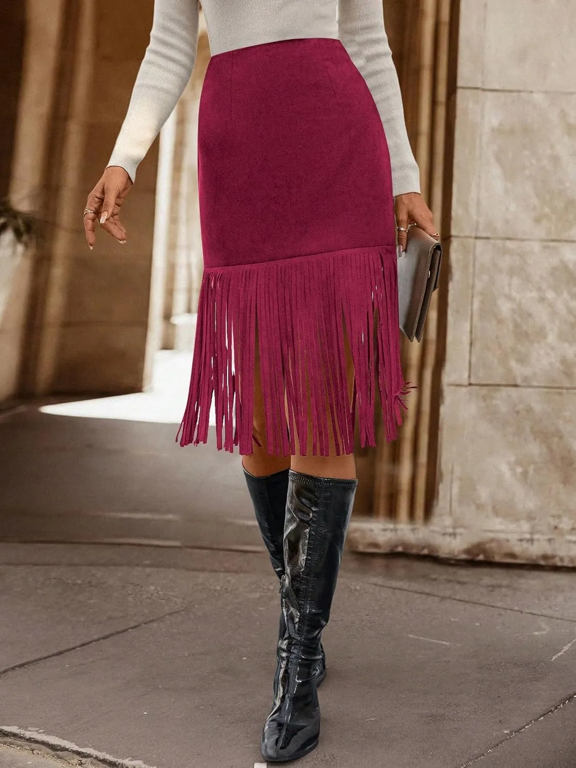 WDIRARA Women's Tassel Fringe Trim Faux Suede Straight Hem High Waisted Midi Skirt