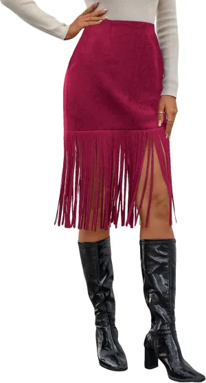 WDIRARA Women's Tassel Fringe Trim Faux Suede Straight Hem High Waisted Midi Skirt