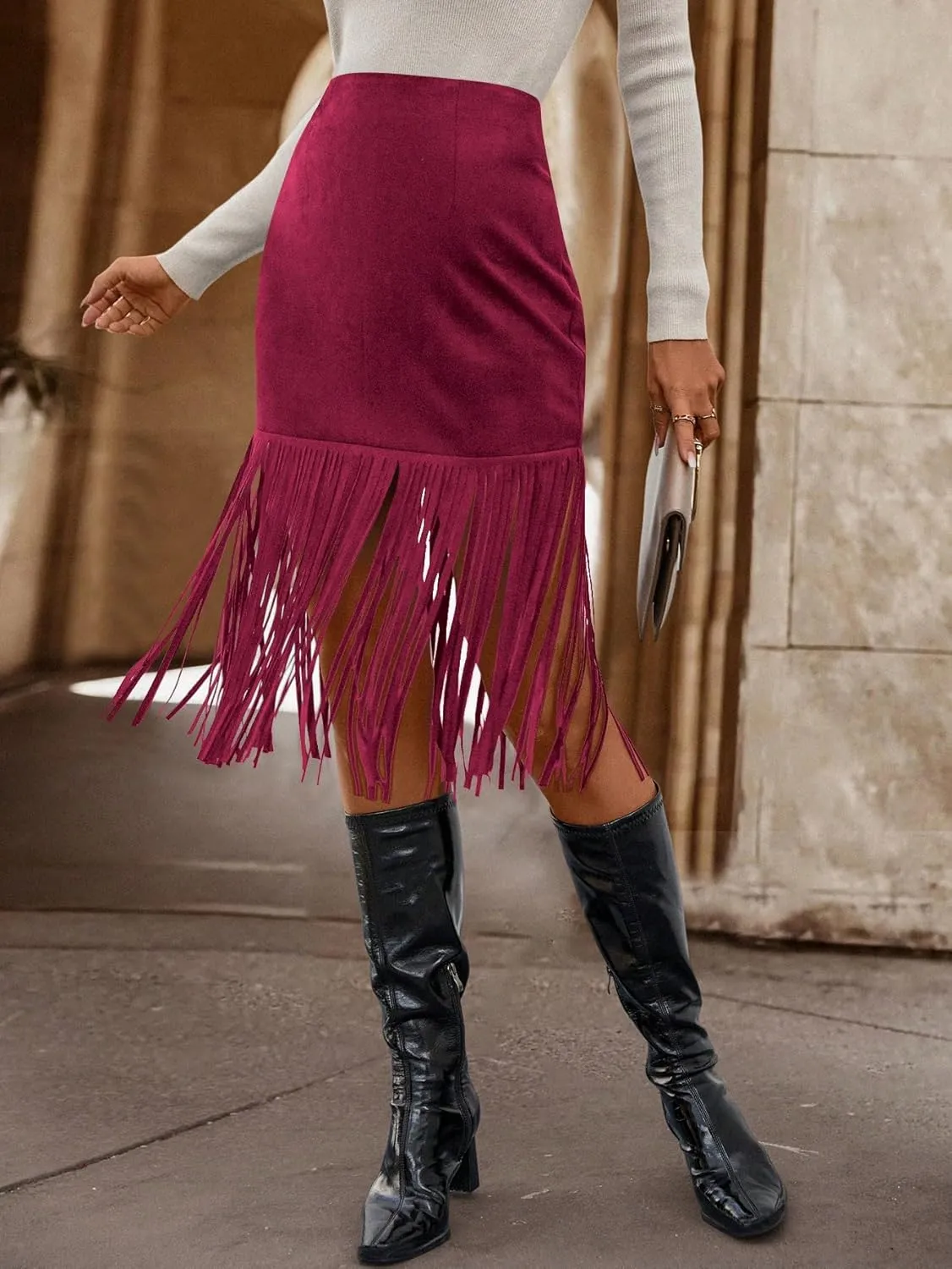 WDIRARA Women's Tassel Fringe Trim Faux Suede Straight Hem High Waisted Midi Skirt