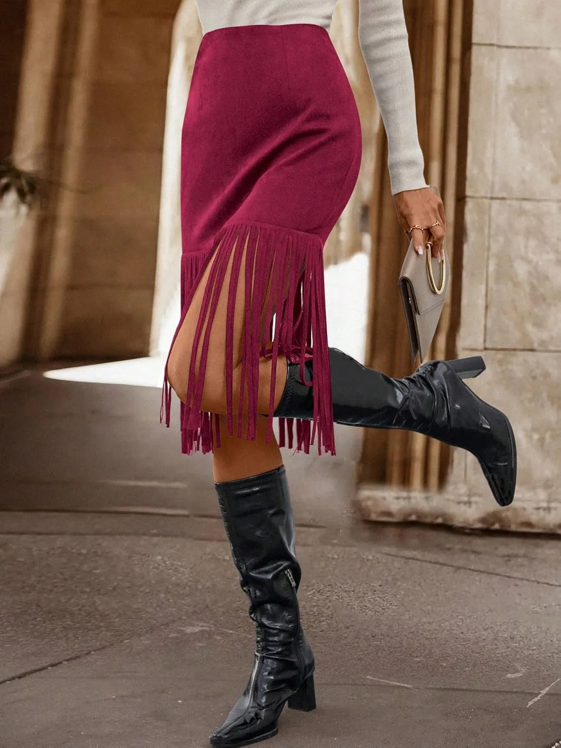 WDIRARA Women's Tassel Fringe Trim Faux Suede Straight Hem High Waisted Midi Skirt