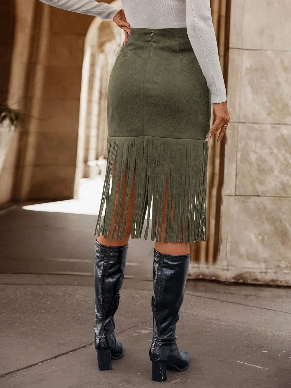 WDIRARA Women's Tassel Fringe Trim Faux Suede Straight Hem High Waisted Midi Skirt