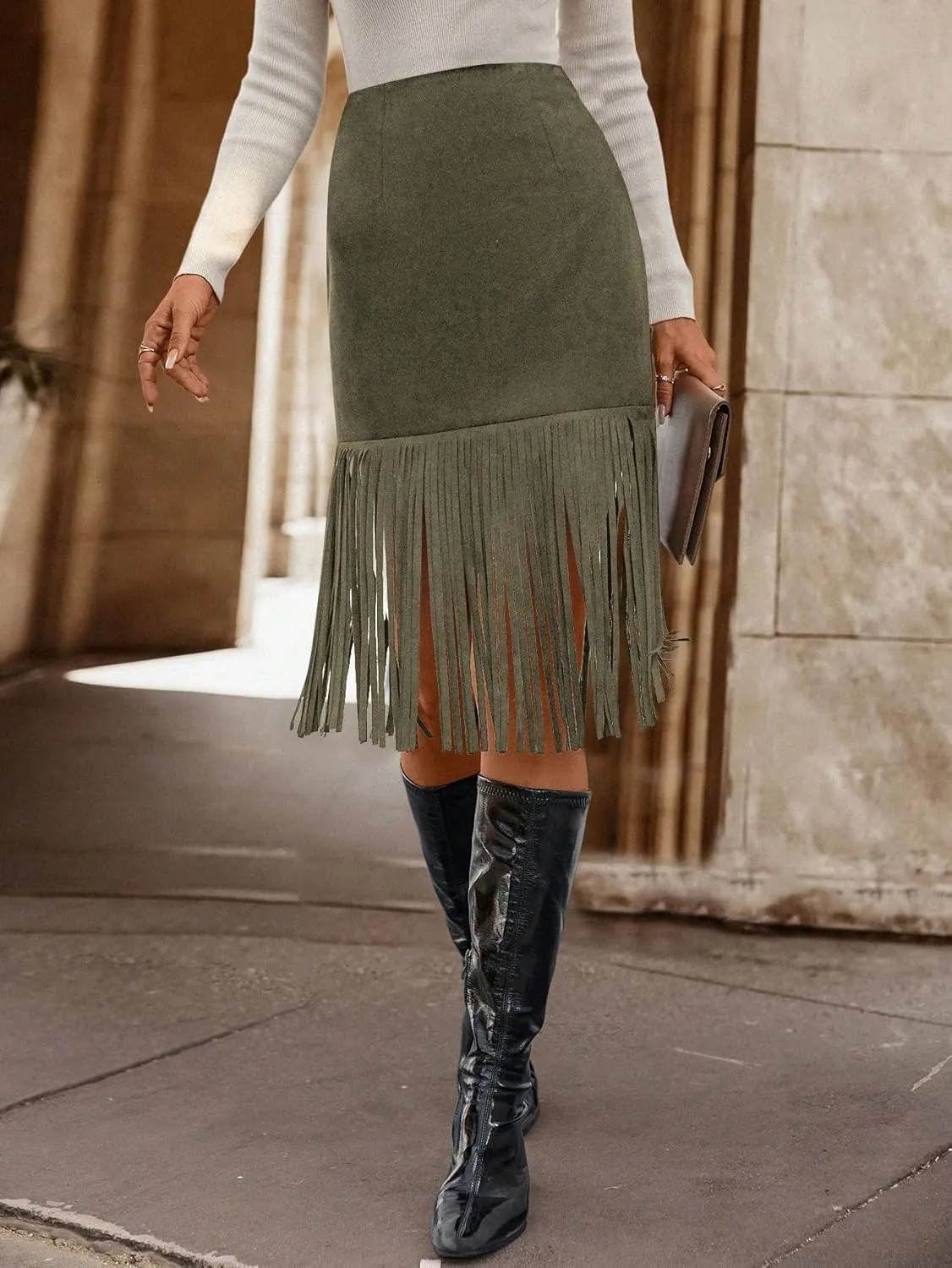WDIRARA Women's Tassel Fringe Trim Faux Suede Straight Hem High Waisted Midi Skirt