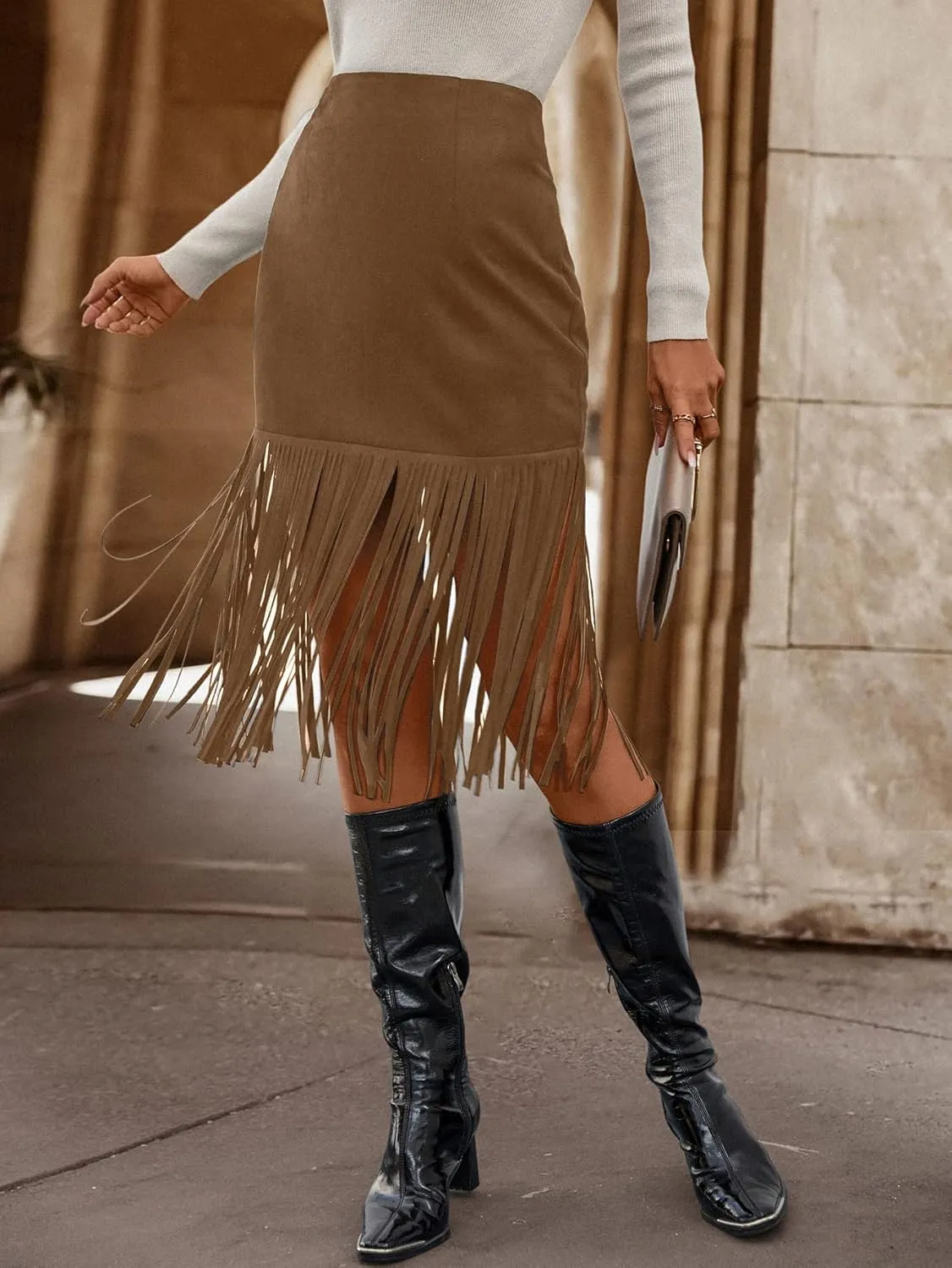 WDIRARA Women's Tassel Fringe Trim Faux Suede Straight Hem High Waisted Midi Skirt