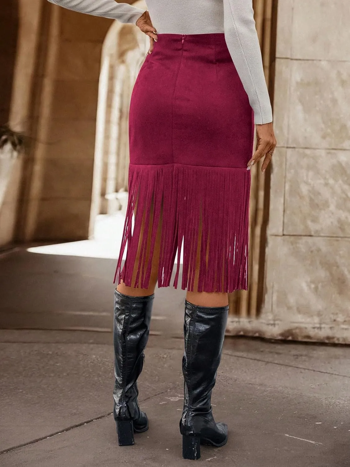 WDIRARA Women's Tassel Fringe Trim Faux Suede Straight Hem High Waisted Midi Skirt