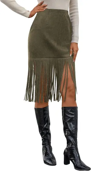 WDIRARA Women's Tassel Fringe Trim Faux Suede Straight Hem High Waisted Midi Skirt