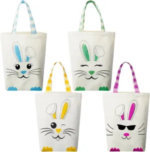 Weewooday 4 Pcs Easter Canvas Bunny Bags Easter Tote Bag Spring Egg Hunts Reusable Baskets with Handles Candy Gift Rabbit Baskets for Kids Boys Girls Eggs Candy Hunting Carrying Daily Use