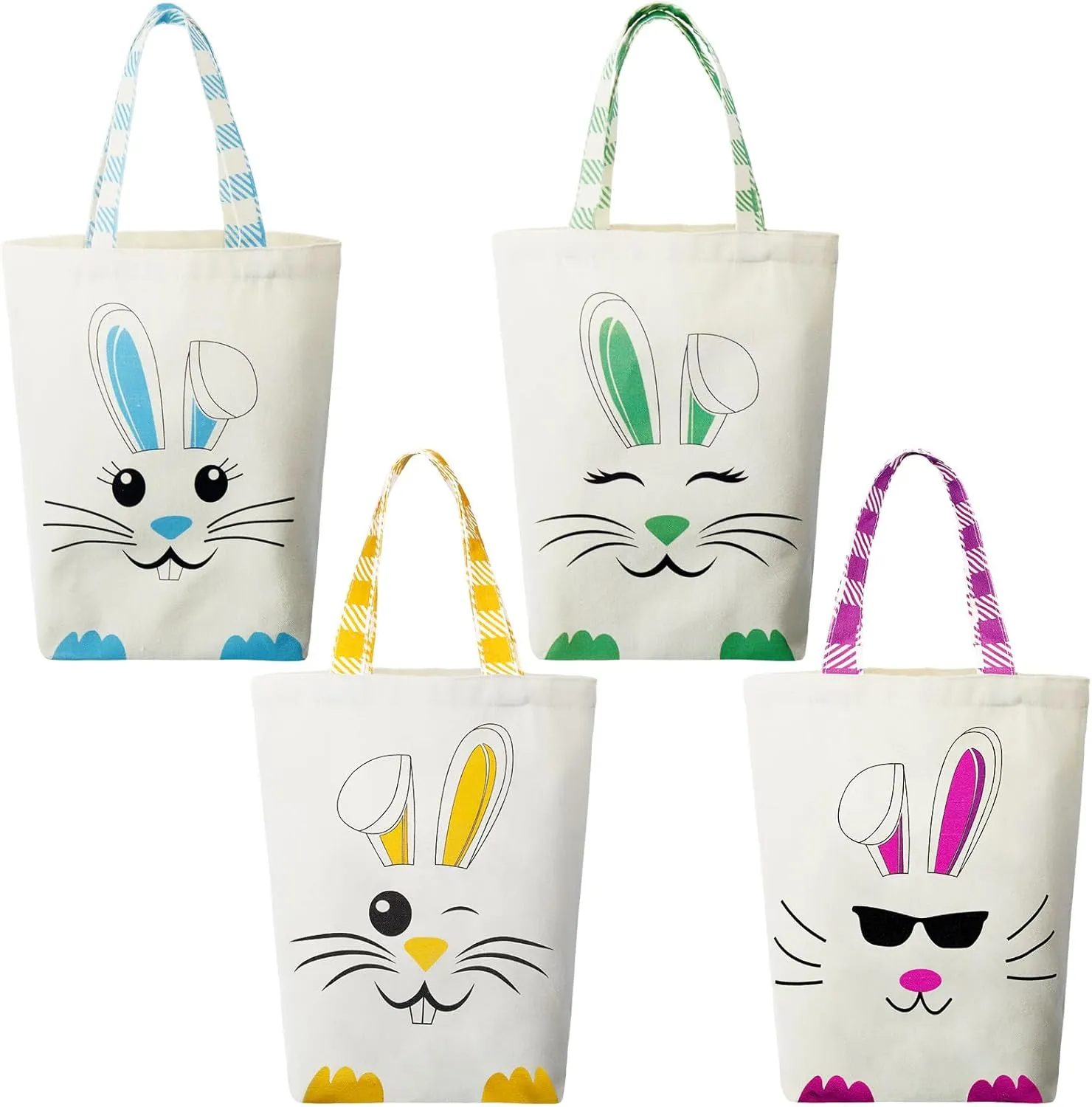 Weewooday 4 Pcs Easter Canvas Bunny Bags Easter Tote Bag Spring Egg Hunts Reusable Baskets with Handles Candy Gift Rabbit Baskets for Kids Boys Girls Eggs Candy Hunting Carrying Daily Use