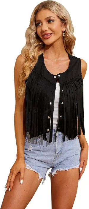 WERFORU Fringe Vest Women Faux Suede Open-Front Vintage Tassel Vest Coat Sleeveless 70s Hippie Boho Western Jacket