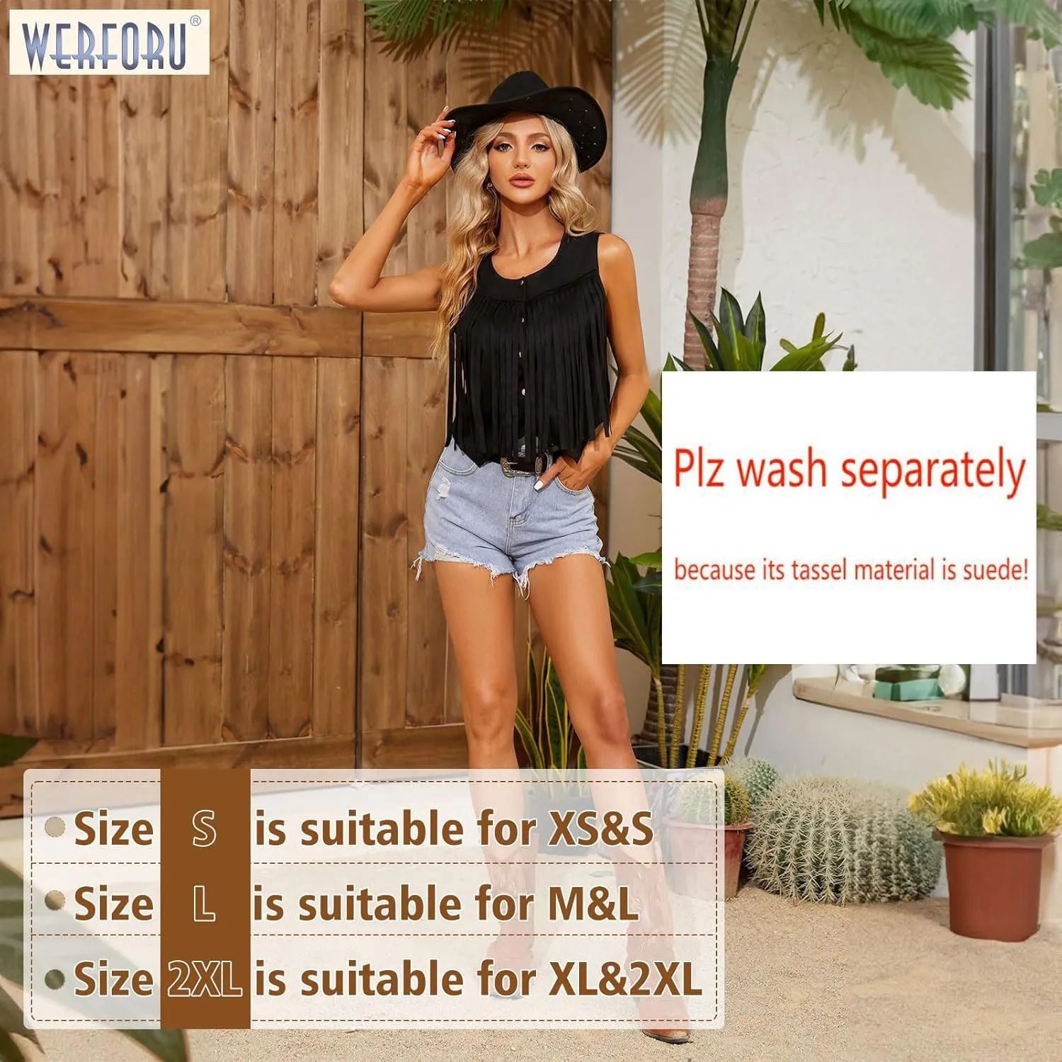 WERFORU Fringe Vest Women Faux Suede Open-Front Vintage Tassel Vest Coat Sleeveless 70s Hippie Boho Western Jacket