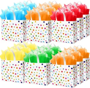 Wesnoy 20 Pack Rainbow Polka Dot Reusable Gift Bags 12" Large Birthday Party Favor Tote with Handle and Tissue Paper Non Woven Goodie Bags for Christmas Wedding Party Supplies