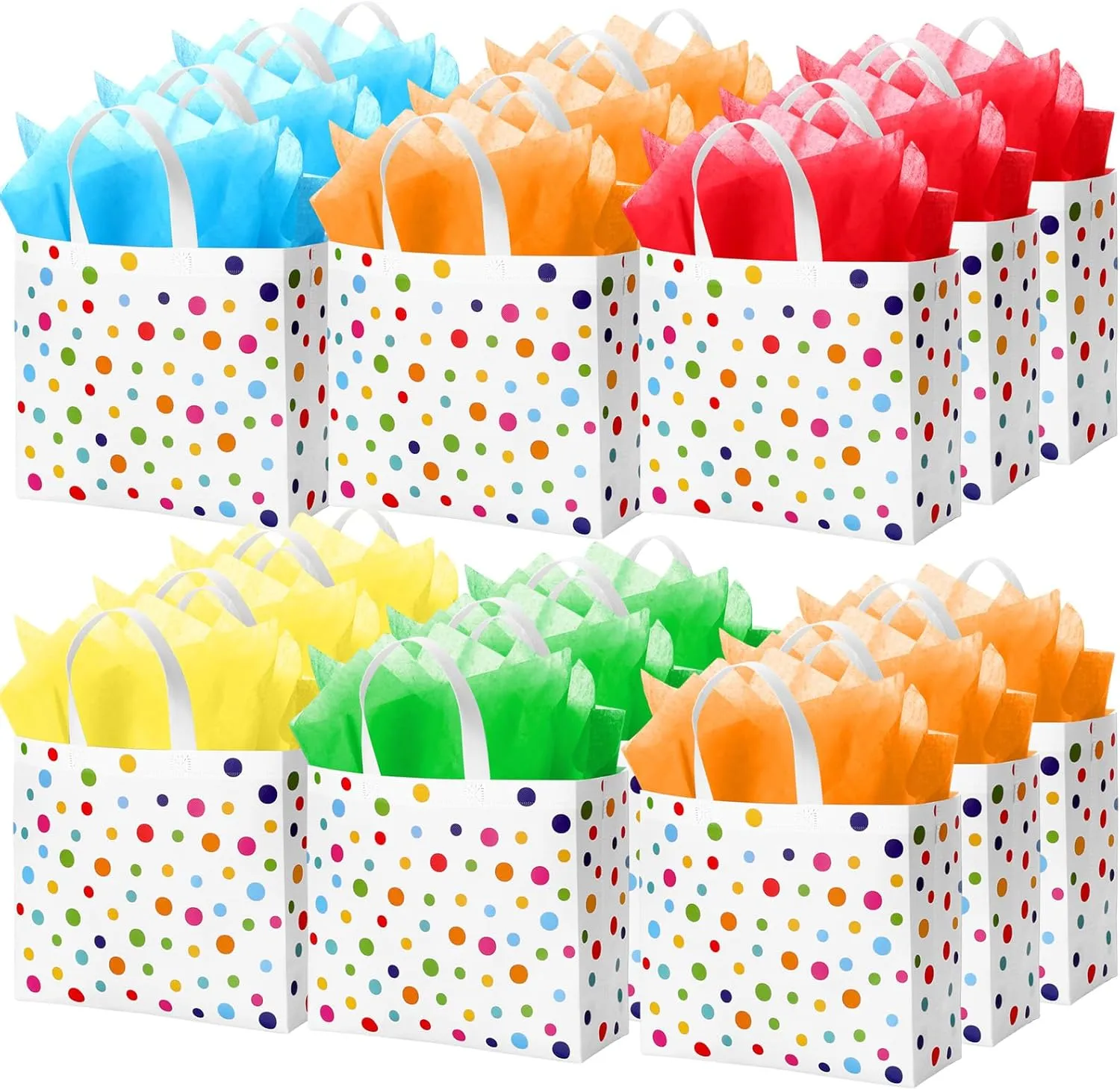 Wesnoy 20 Pack Rainbow Polka Dot Reusable Gift Bags 12" Large Birthday Party Favor Tote with Handle and Tissue Paper Non Woven Goodie Bags for Christmas Wedding Party Supplies