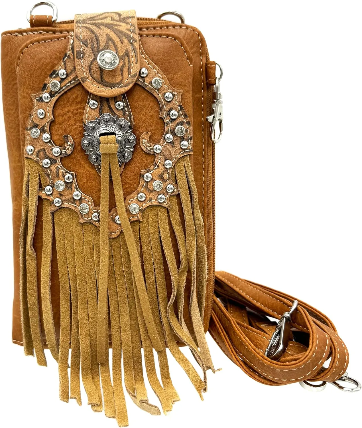 Western Concho Fringe Lace Two Toned Women's Crossbody Phone Wallet