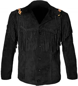 Western Cowboy Beaded Fringes Suede Leather Jacket - Native American and Bikers Style Classic Fashion Coat -Black