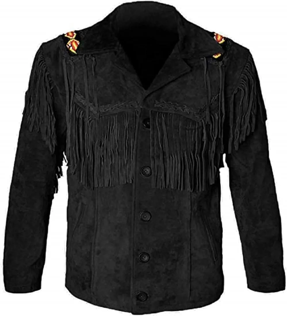 Western Cowboy Beaded Fringes Suede Leather Jacket - Native American and Bikers Style Classic Fashion Coat -Black
