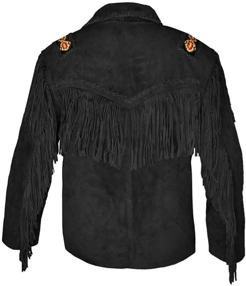 Western Cowboy Beaded Fringes Suede Leather Jacket - Native American and Bikers Style Classic Fashion Coat -Black