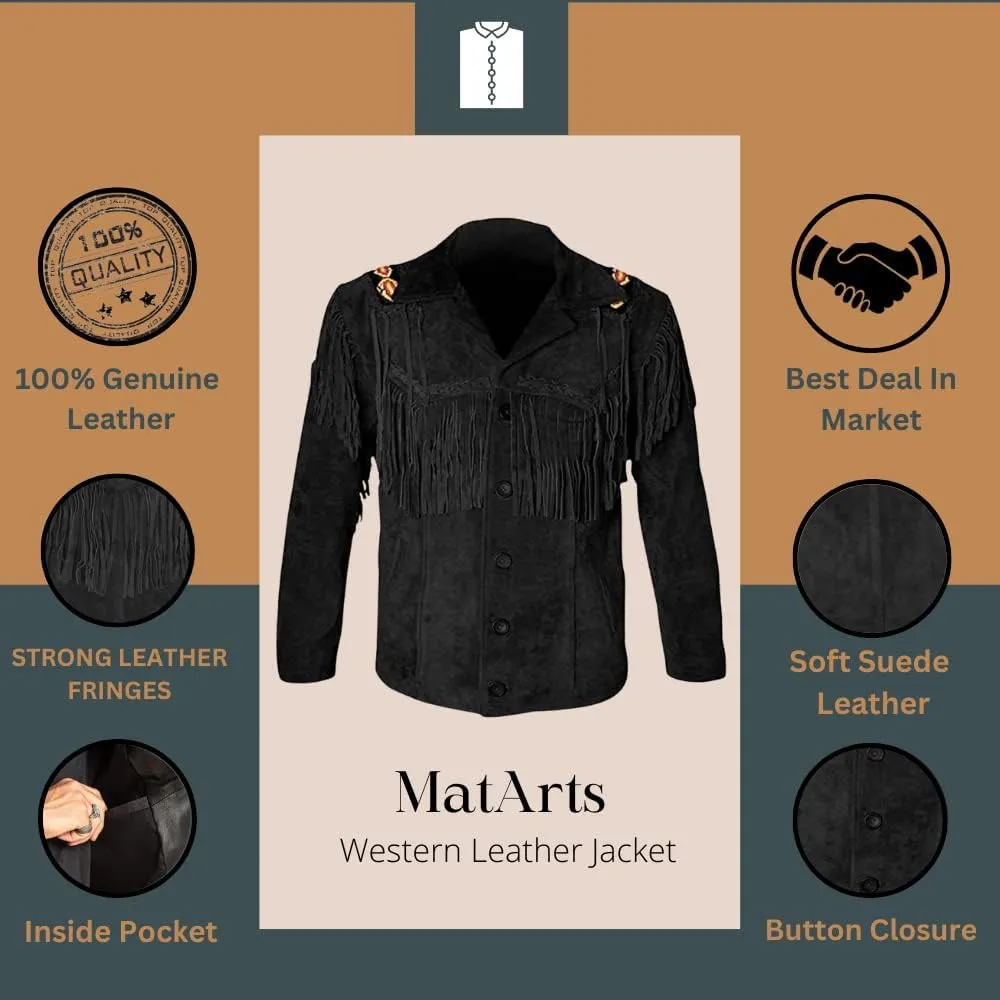 Western Cowboy Beaded Fringes Suede Leather Jacket - Native American and Bikers Style Classic Fashion Coat -Black