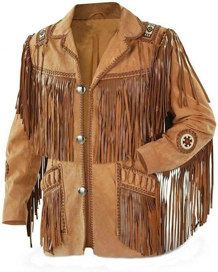 Western Cowboy Leather Fashion Jacket For Mens Fringe & Beaded Native American Coat