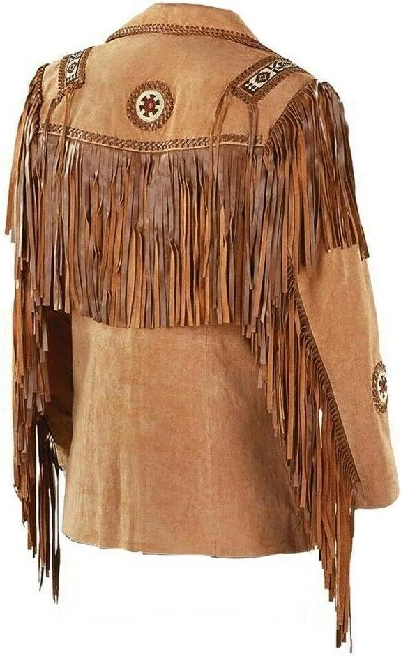 Western Cowboy Leather Fashion Jacket For Mens Fringe & Beaded Native American Coat