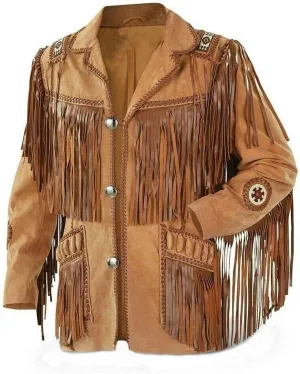 Western Cowboy Leather Fashion Jacket For Mens Fringe & Beaded Native American Coat