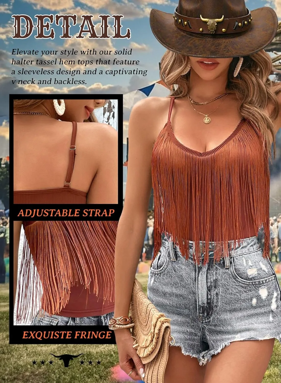 Western Cowgirl Fringe Top for Women - Country Concert Outfits Festival Tassel Hem Boho Rodeo Dress Rave Tank Shirt