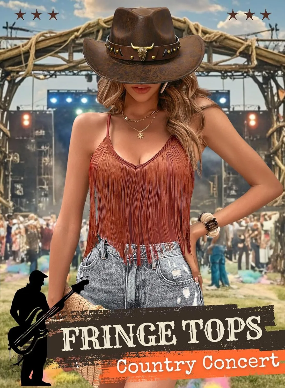 Western Cowgirl Fringe Top for Women - Country Concert Outfits Festival Tassel Hem Boho Rodeo Dress Rave Tank Shirt