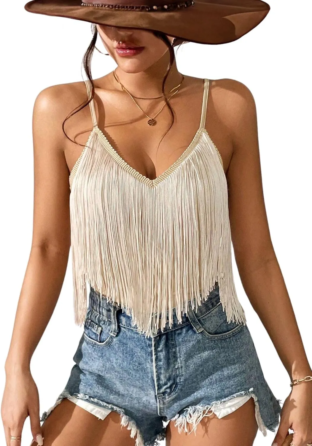 Western Cowgirl Fringe Top for Women - Country Concert Outfits Festival Tassel Hem Boho Rodeo Dress Rave Tank Shirt