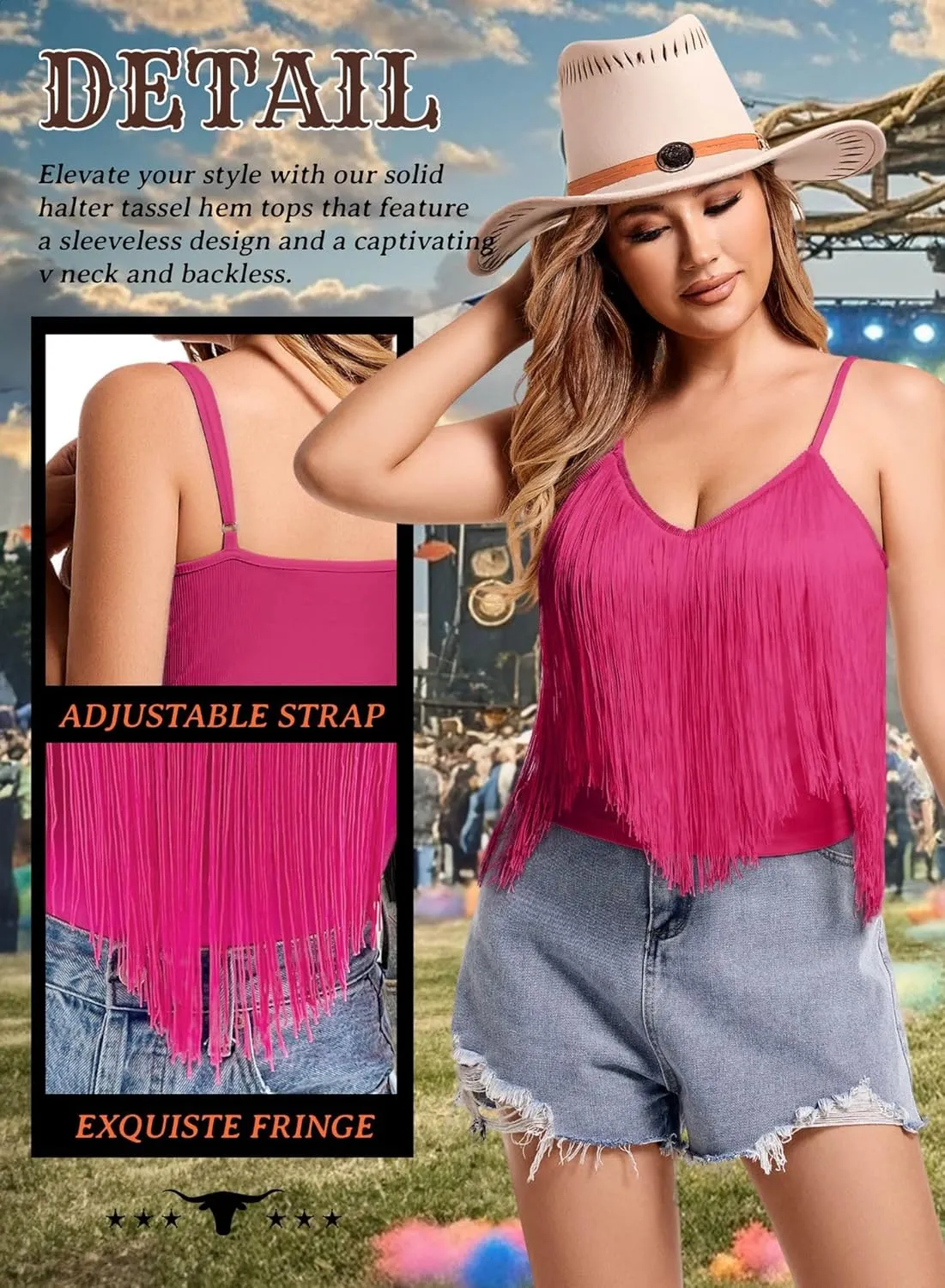 Western Cowgirl Fringe Top for Women - Country Concert Outfits Festival Tassel Hem Boho Rodeo Dress Rave Tank Shirt