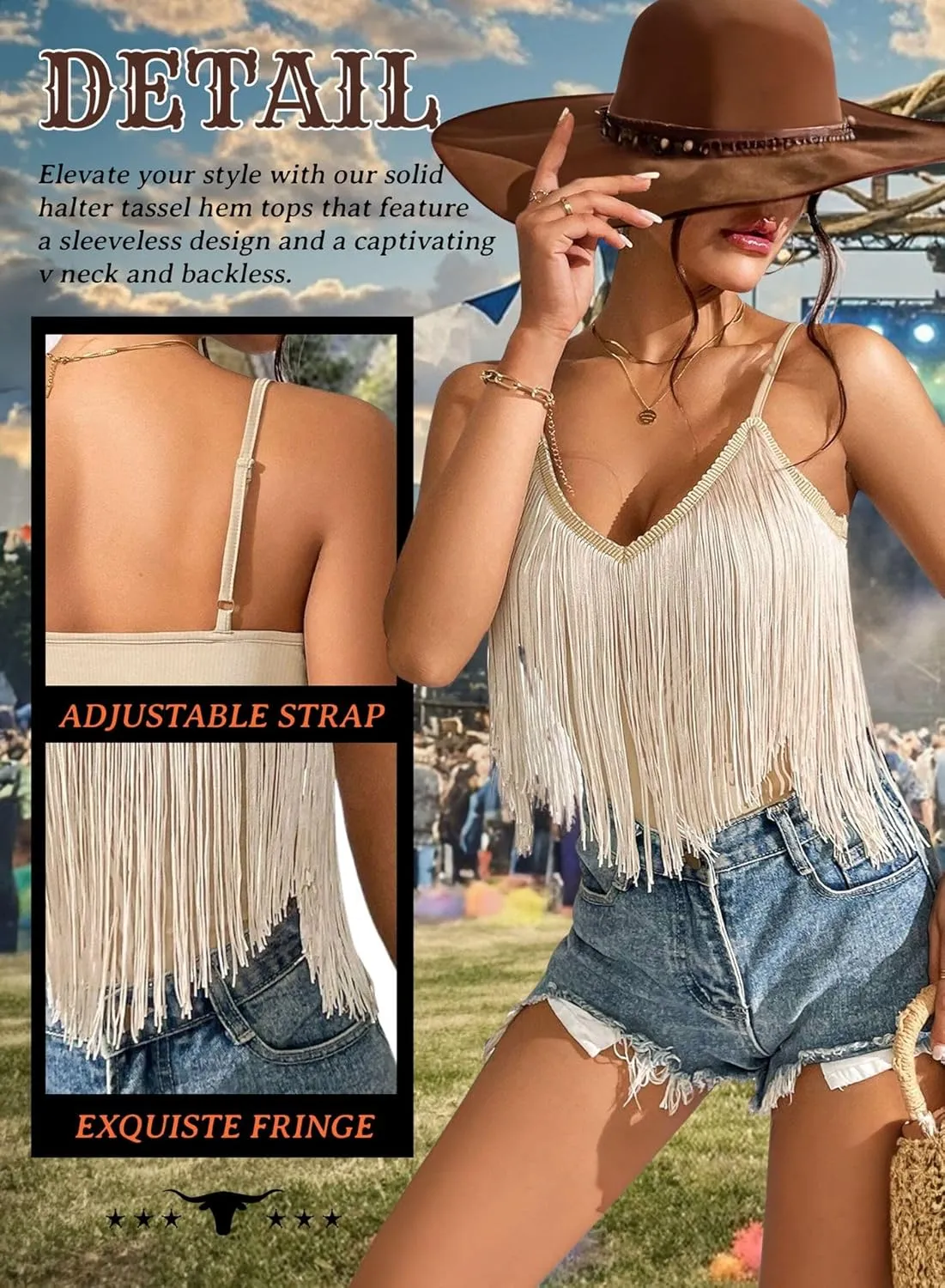 Western Cowgirl Fringe Top for Women - Country Concert Outfits Festival Tassel Hem Boho Rodeo Dress Rave Tank Shirt