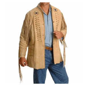 Western Fringe Beaded Beige Leather Jacket for Men MWJ107