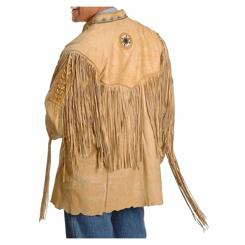 Western Fringe Beaded Beige Leather Jacket for Men MWJ107
