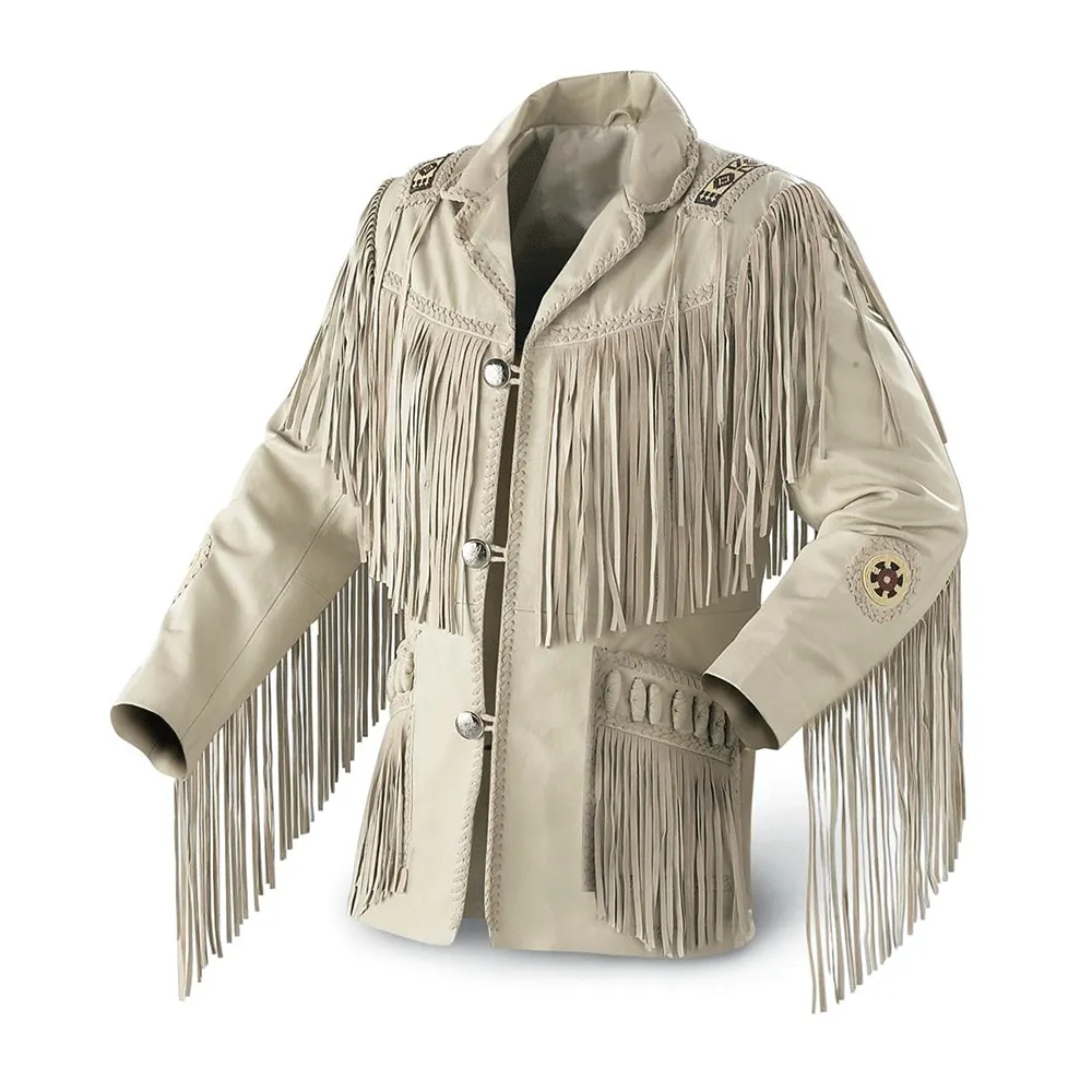 Western Fringe Beaded Beige Leather Jacket for Men MWJ301